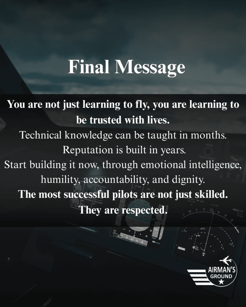 Final message to aspiring pilots — trust, reputation, and emotional intelligence over a cockpit at night.