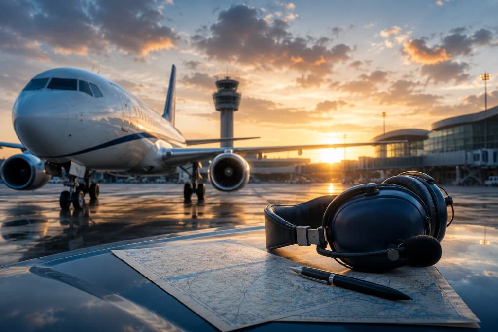 Sunset at the airport — commercial aircraft on the tarmac with pilot headset, chart, and pen in the foreground
