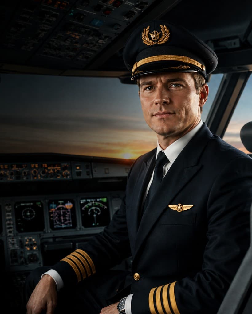 Airline captain in uniform seated in the cockpit at sunset