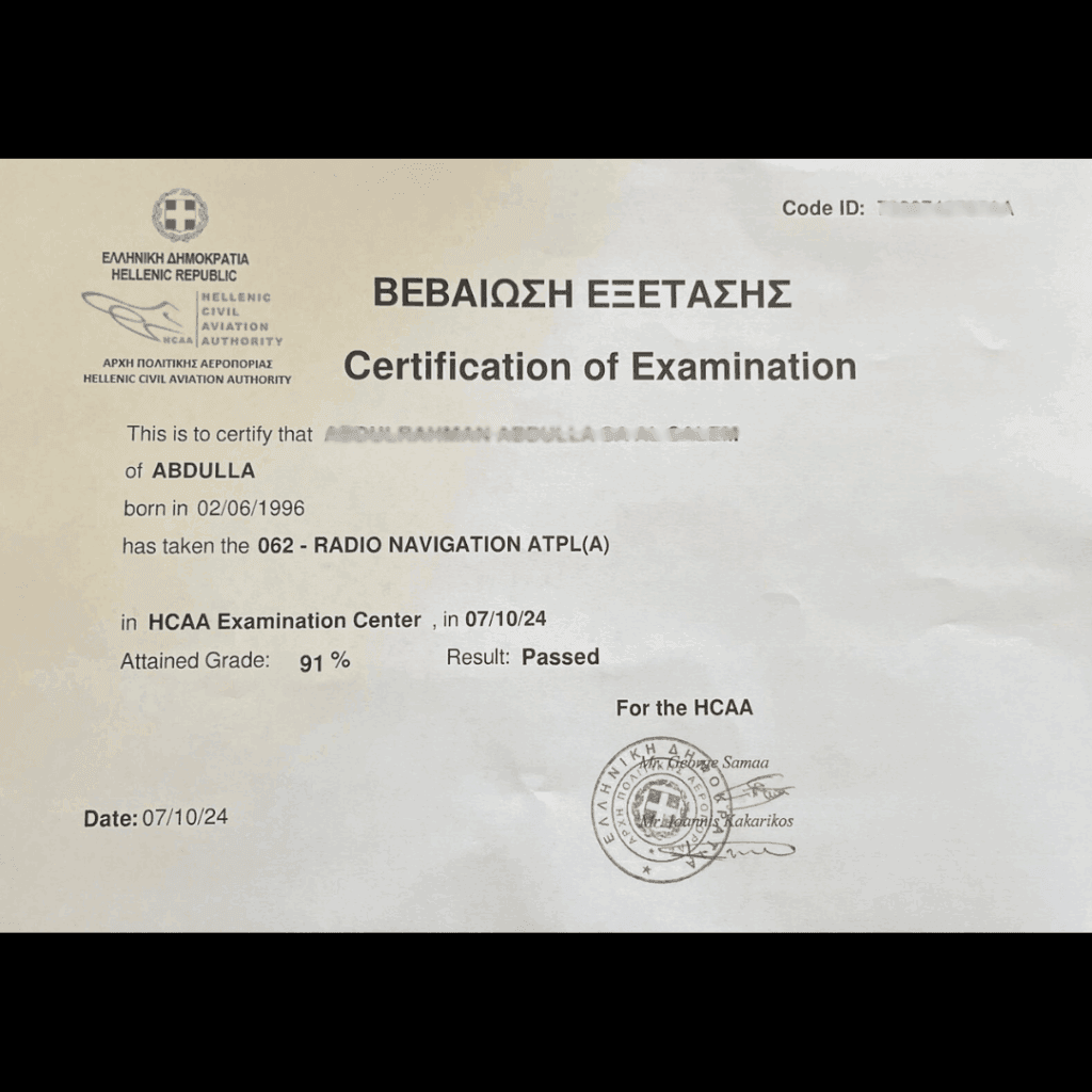 Official exam certification issued to an Airman's Ground student