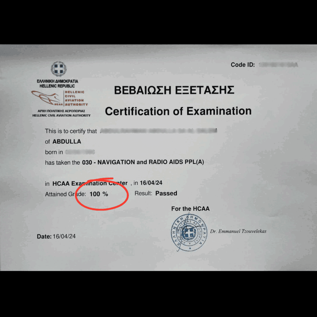 Official exam certification issued to an Airman's Ground student