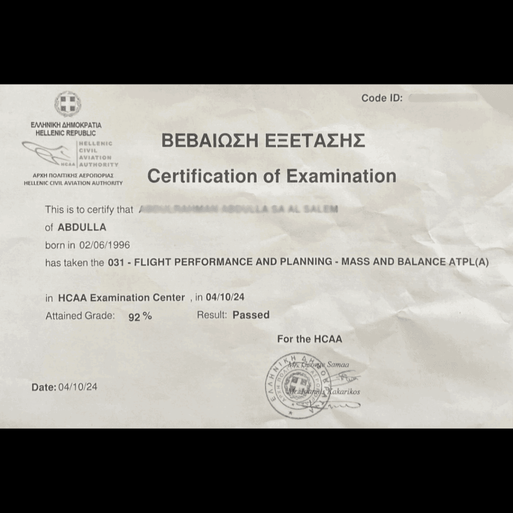 Official exam certification issued to an Airman's Ground student
