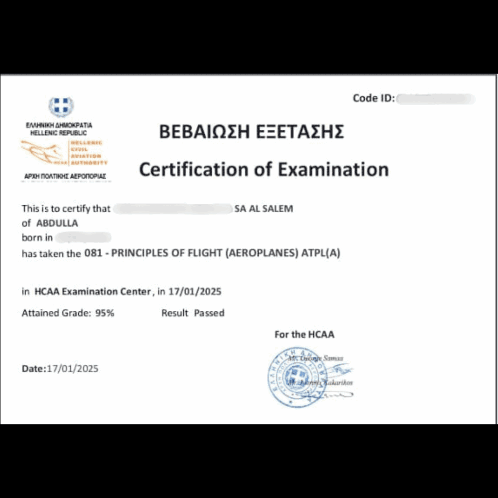 Official exam certification issued to an Airman's Ground student
