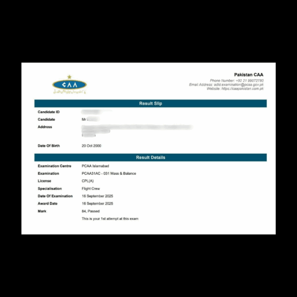 Official exam certification issued to an Airman's Ground student
