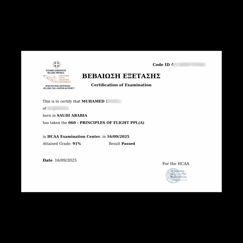 Official exam certification issued to an Airman's Ground student