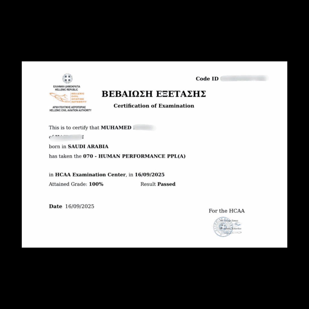 Official exam certification issued to an Airman's Ground student