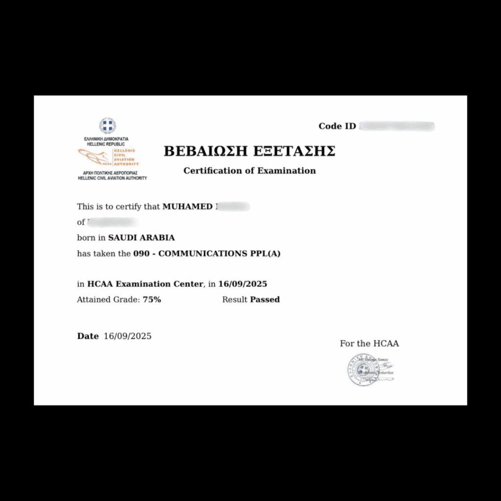 Official exam certification issued to an Airman's Ground student