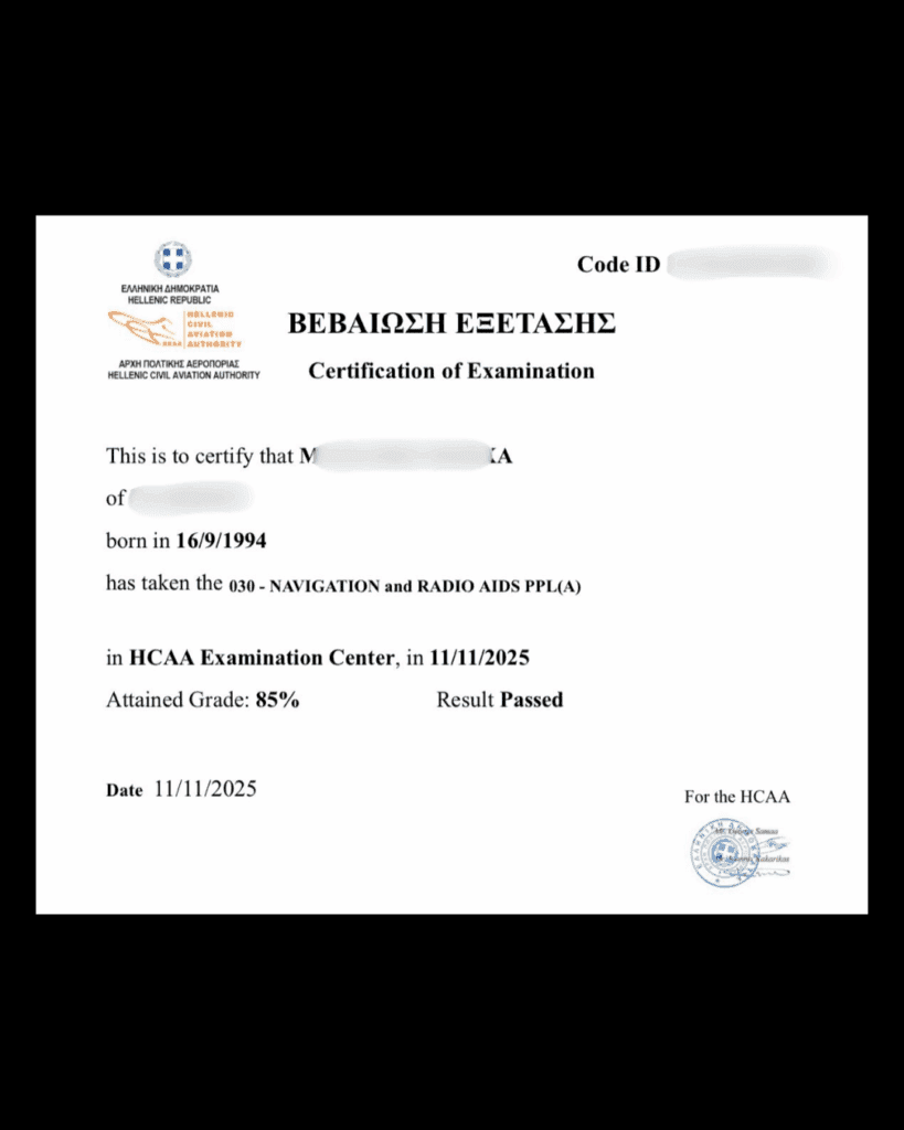 Official exam certification issued to an Airman's Ground student