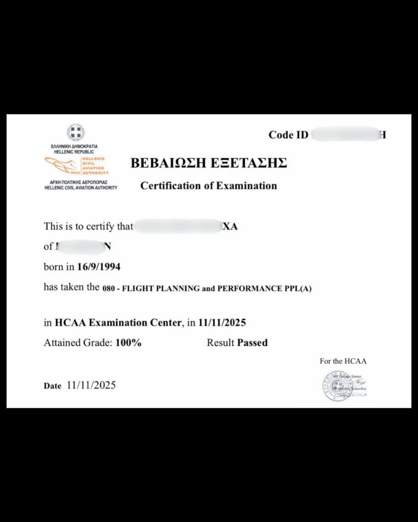 Official exam certification issued to an Airman's Ground student