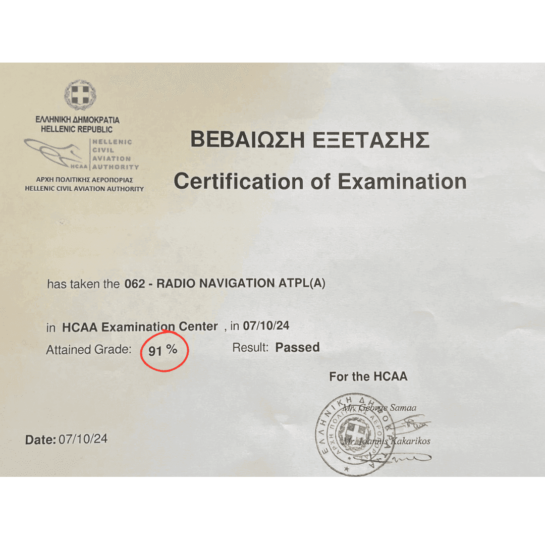 Official exam certification issued to an Airman's Ground student