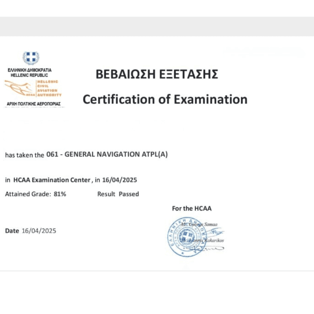 Official exam certification issued to an Airman's Ground student