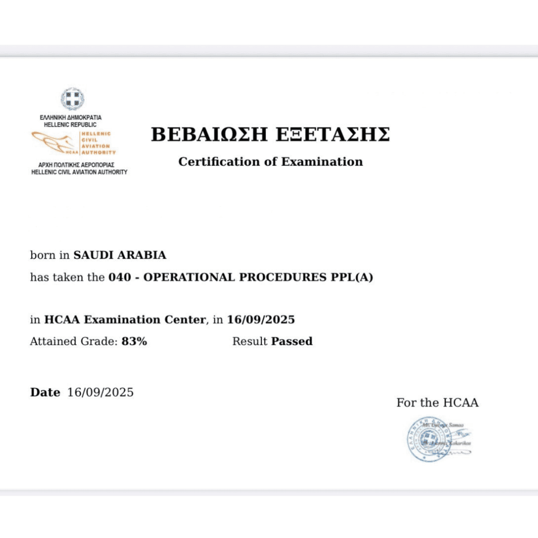 Official exam certification issued to an Airman's Ground student