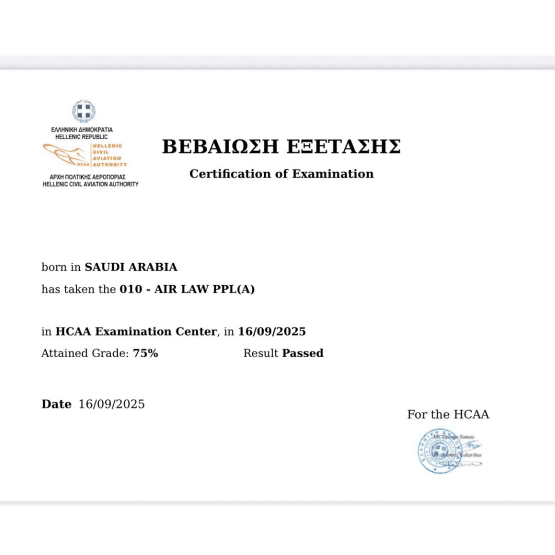 Official exam certification issued to an Airman's Ground student