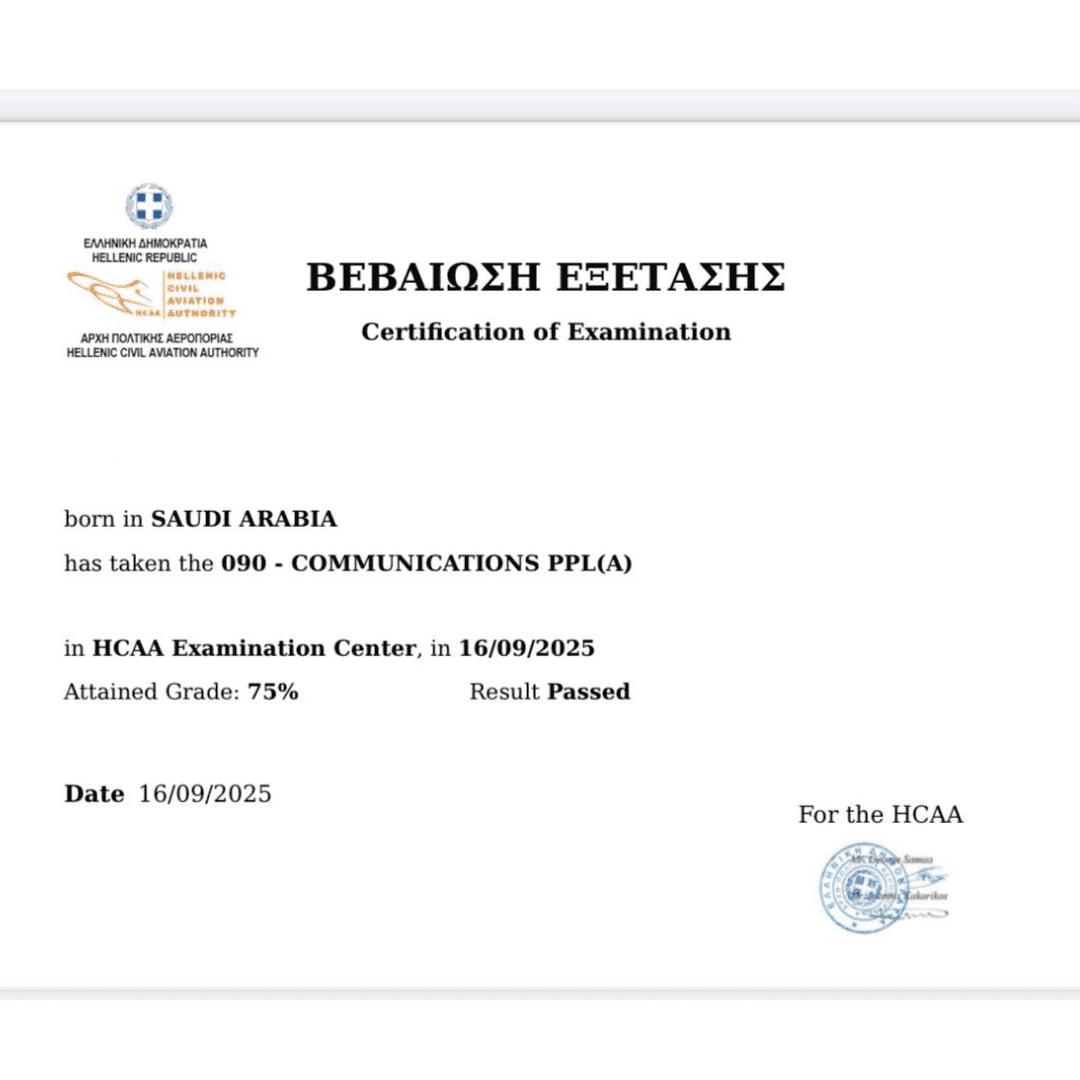 Official exam certification issued to an Airman's Ground student