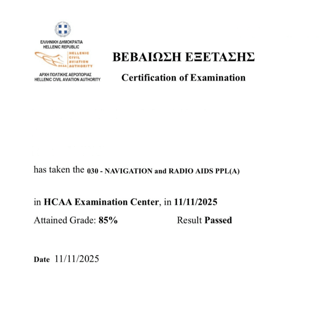 Official exam certification issued to an Airman's Ground student