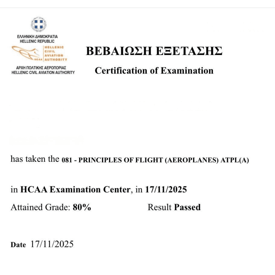 Official exam certification issued to an Airman's Ground student
