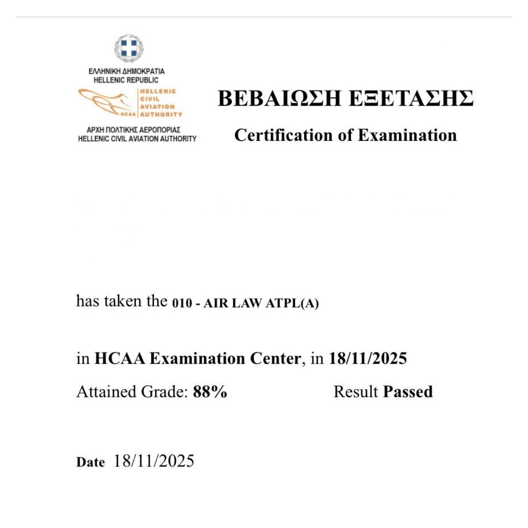 Official exam certification issued to an Airman's Ground student