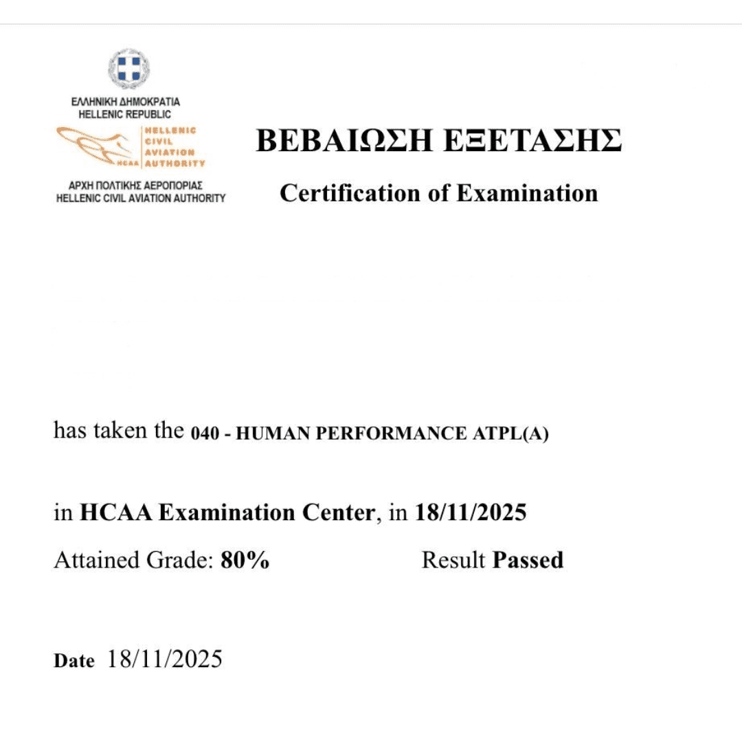 Official exam certification issued to an Airman's Ground student