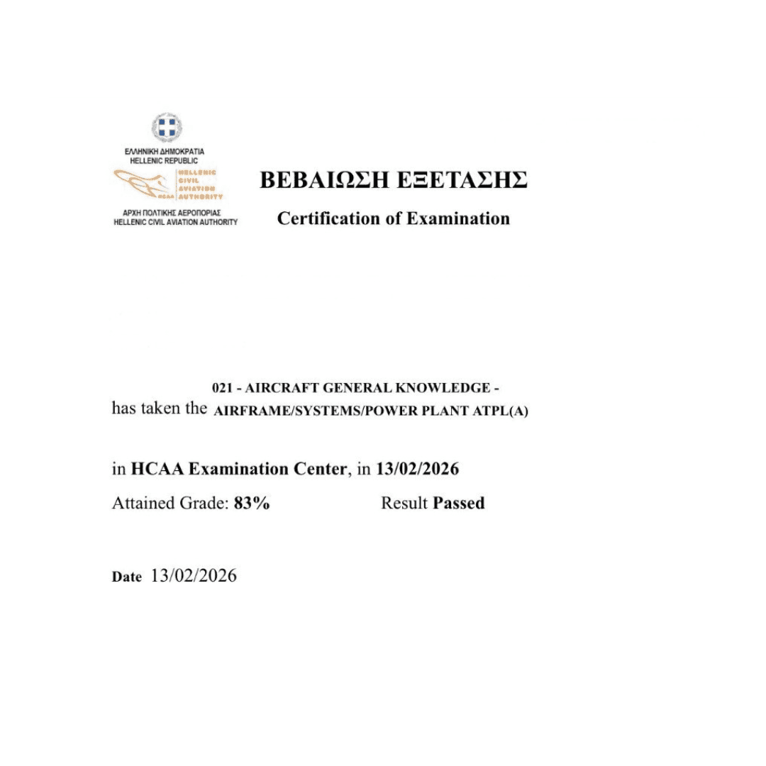 Official exam certification issued to an Airman's Ground student
