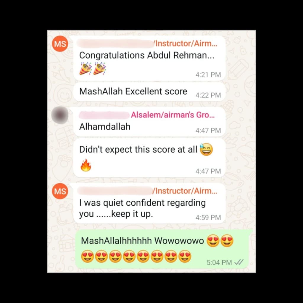 Chat screenshot: student celebrates passing an exam and shares certification