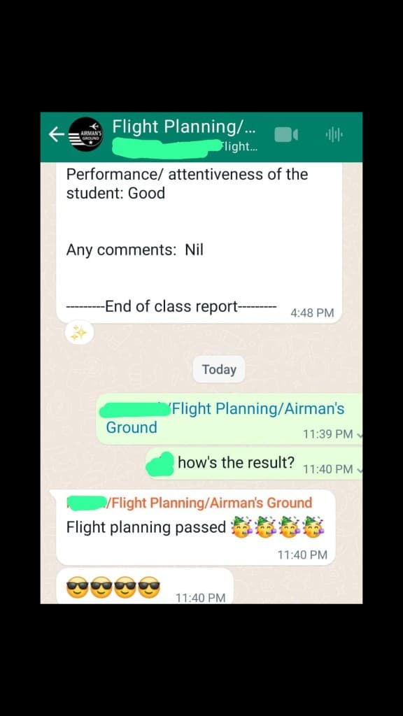 WhatsApp chat: update on student progress and gratitude to Captain and mentors