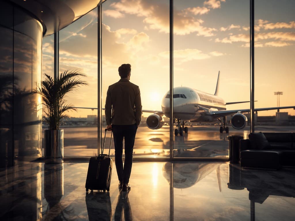 Professional traveler at an airport terminal window, looking out at a commercial jet during golden hour