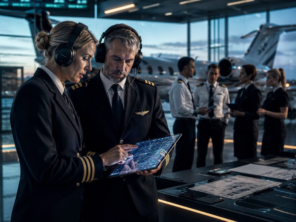 Pilots reviewing a digital flight plan on a tablet in a modern aviation operations center