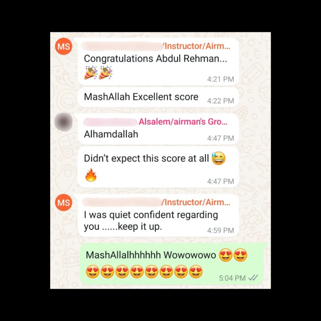 Chat screenshot: student celebrates passing an exam and shares certification