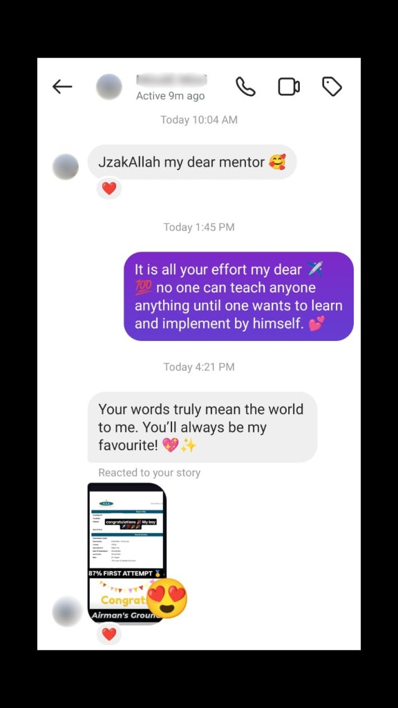 WhatsApp chat: long thank-you after PPL milestone to Airman's Ground instructors
