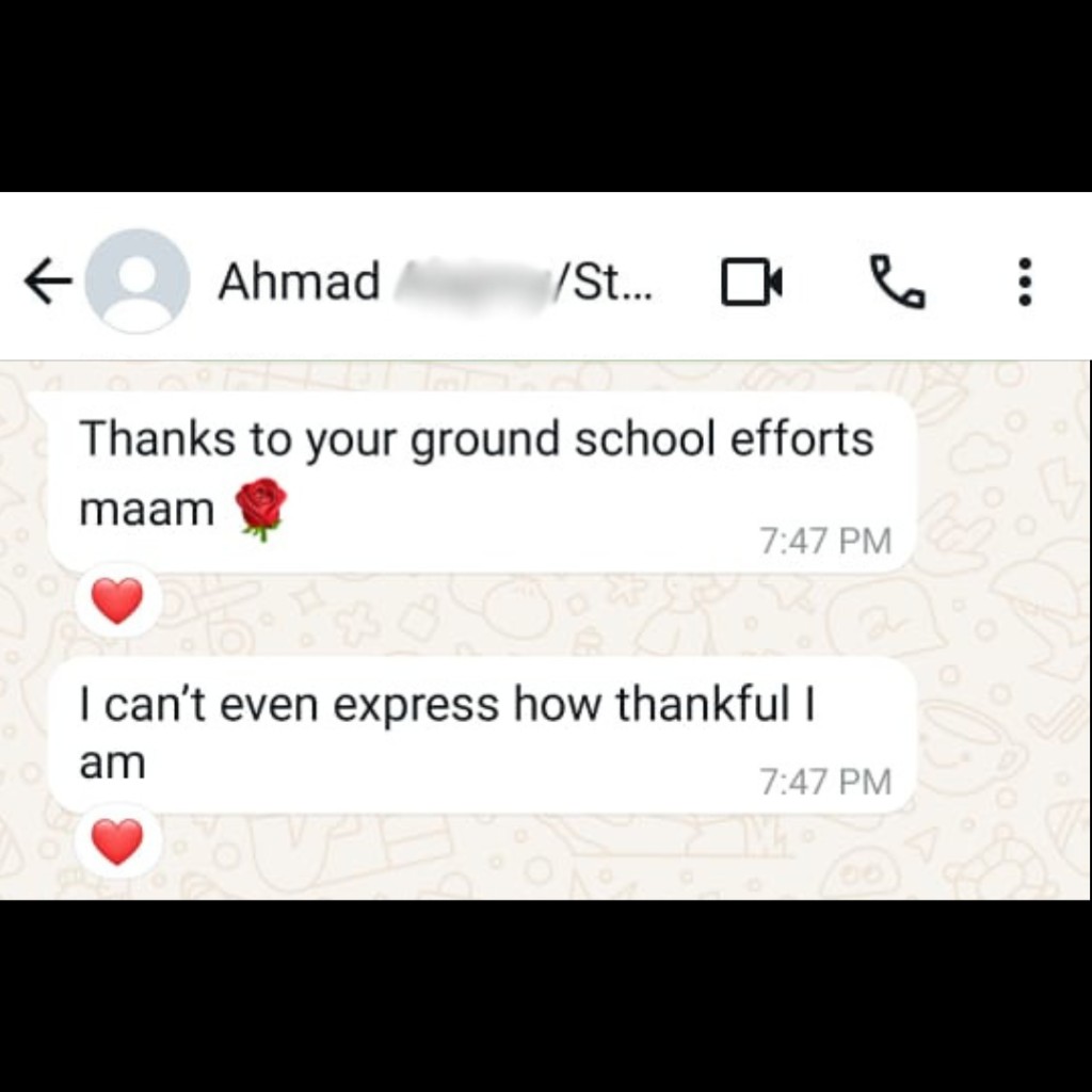 WhatsApp chat: student praises cooperative instructors and ongoing support