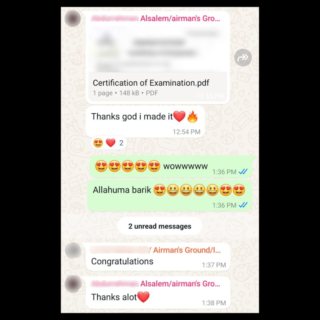 WhatsApp chat: student thanks the team for ground school support