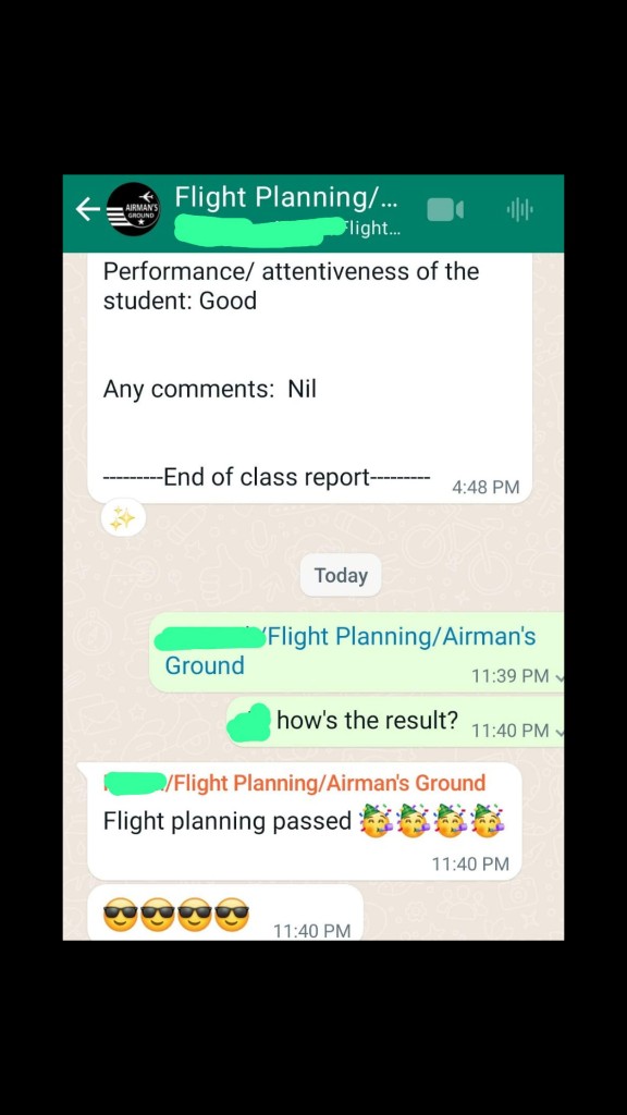 WhatsApp chat: update on student progress and gratitude to Captain and mentors